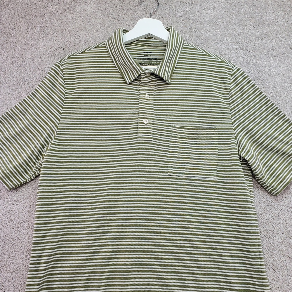 Patagonia Fogline Polo Shirt Men Medium Green White Stripe Slim Fit Short Sleeve